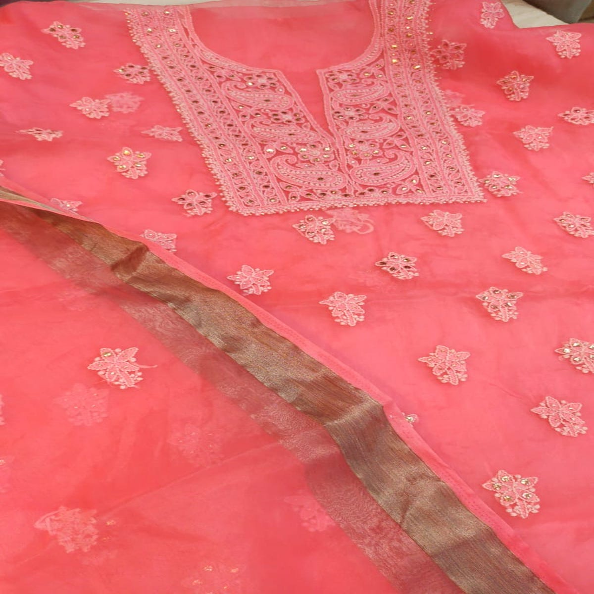 Buy Organza Chikankari Salwar Suit In Pastel Orange,Organza Chikankari Suits,Jhakhas