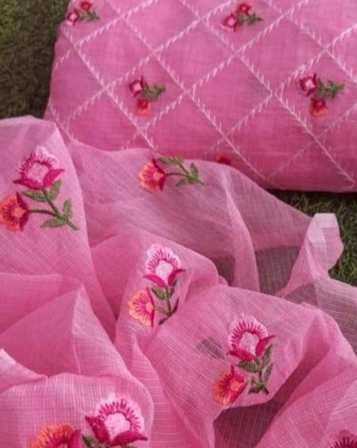 Designer Kota Doriya Emb Work Suit In Pink