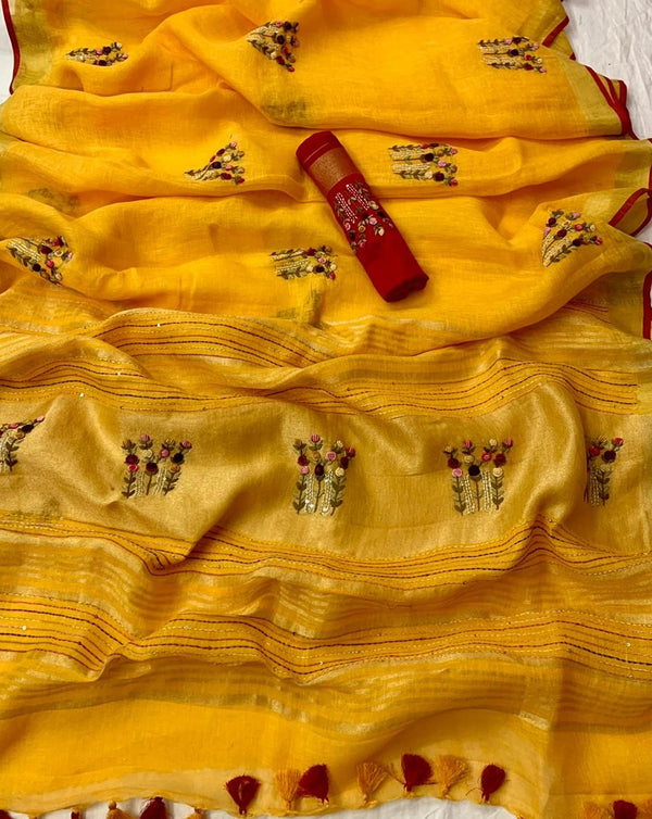 Pure Linen Embroidred Saree In Yellow, Traditional Saree , Thread Work , Online Saree