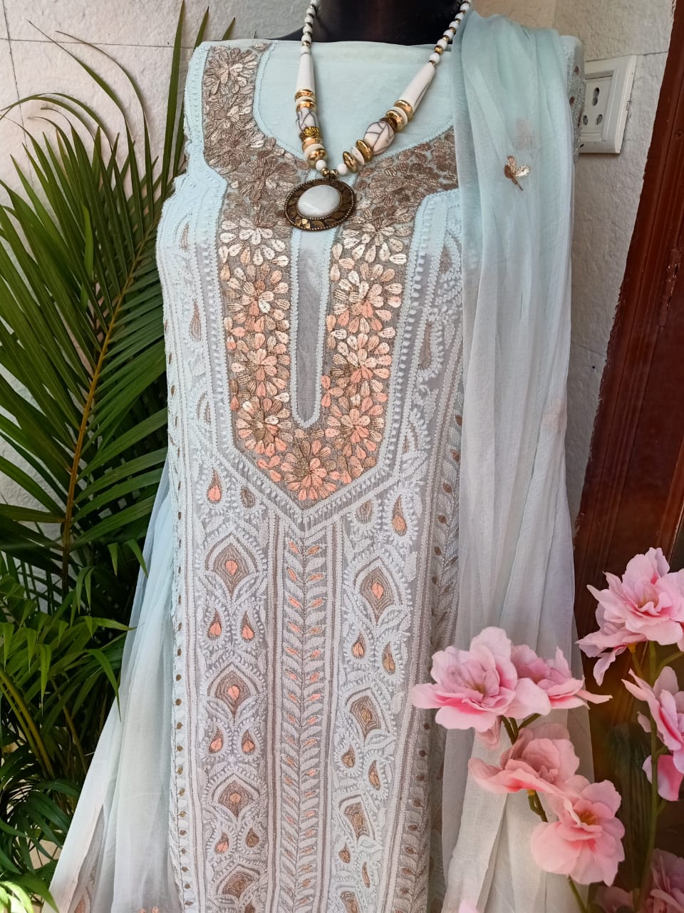 Georgette Chikankari Gota Salwar Suit In Blue,Shop Lucknowi Chikankari,Shop Chikankari Dress Material