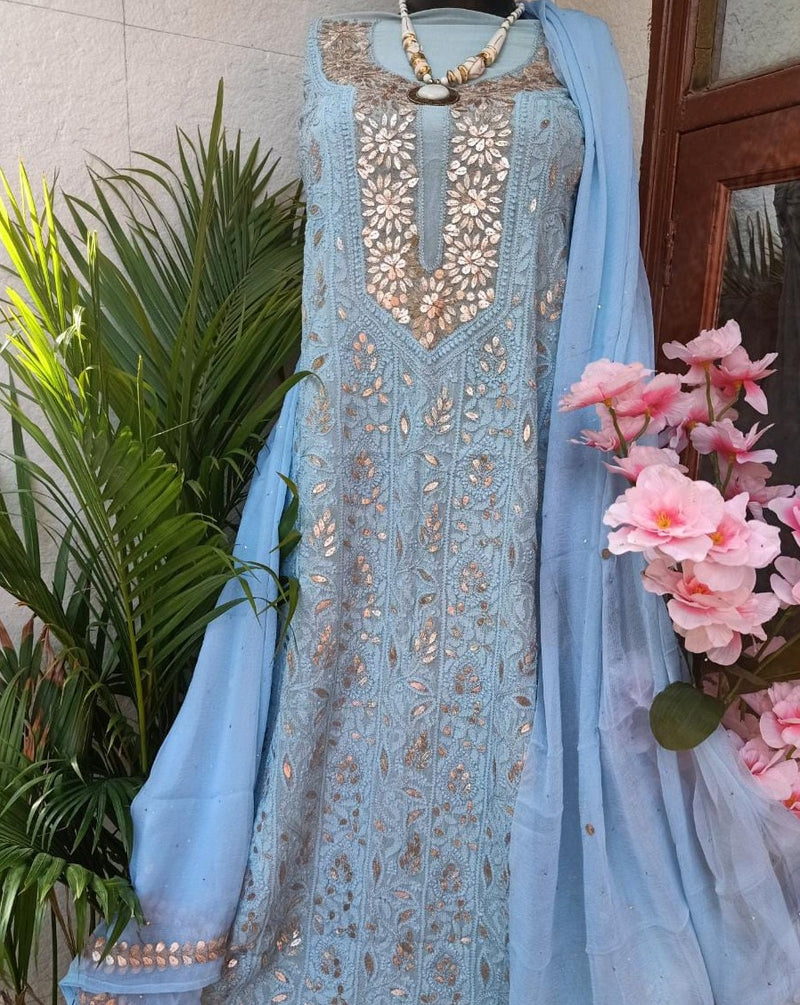 Blue Georgette Chikankari Gota Salwar Suit,Shop Best Price Chikankarií«í?,Shop Best Price Chikankarií«í?