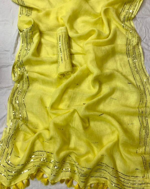 Pure Linen Sequence Embroidred Saree In Lemon Yellow,Pure Linen Saree , Order Online Saree