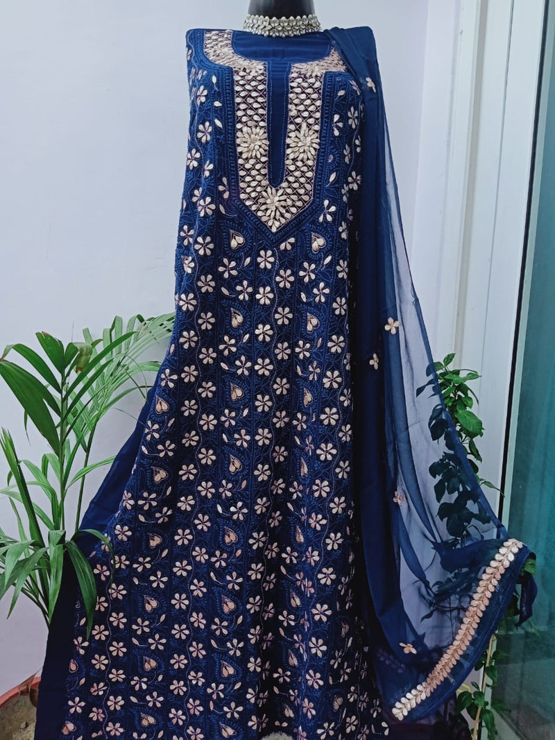 Blue Chikankari Gota Salwar Suit,Buy  Chikan Suit Latest Design,Authentic Party Wear Chikankari Suits Online