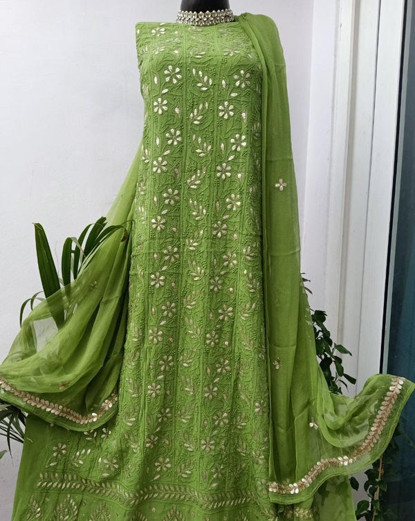 Green Viscose Georgette Chikankai Gota Salwar Suit,Shop Lucknowi Chikankari,Shop Chikankari Dress Material