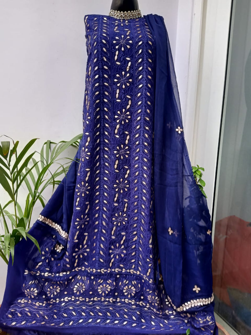 Blue Lucknowi Chikankari Gota Salwar Suit,Shop Lucknowi Dress,Best Chikankari Suits Online