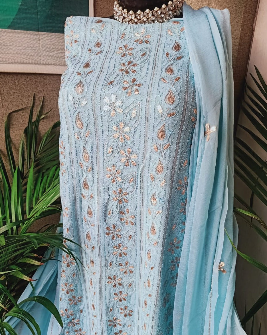 Sky Blue Heavy Chikankari Gota Salwar Suit,Buy Lucknowi Chikankari,Best Lakhnawi Suits