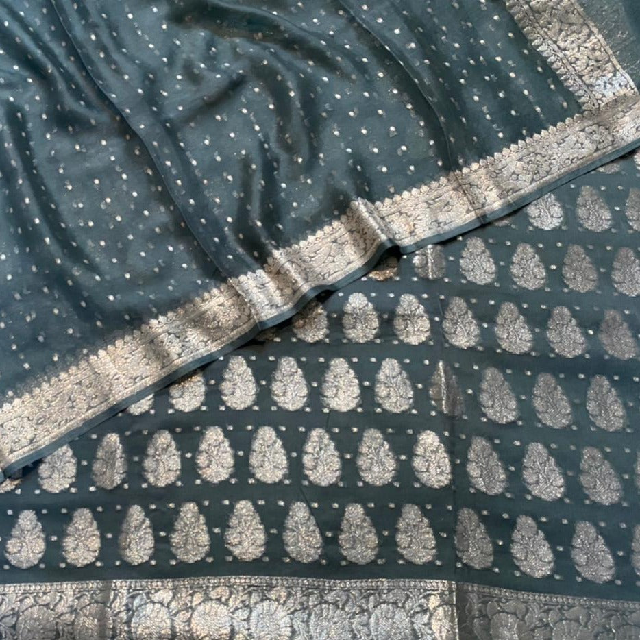 Beautiful Banarasi Georgette Zari Weaves Suits In Grey,Buy Banarasi Katan Silk Suit Online,Latest Banarasi Salwar Suit At Affordable Rate