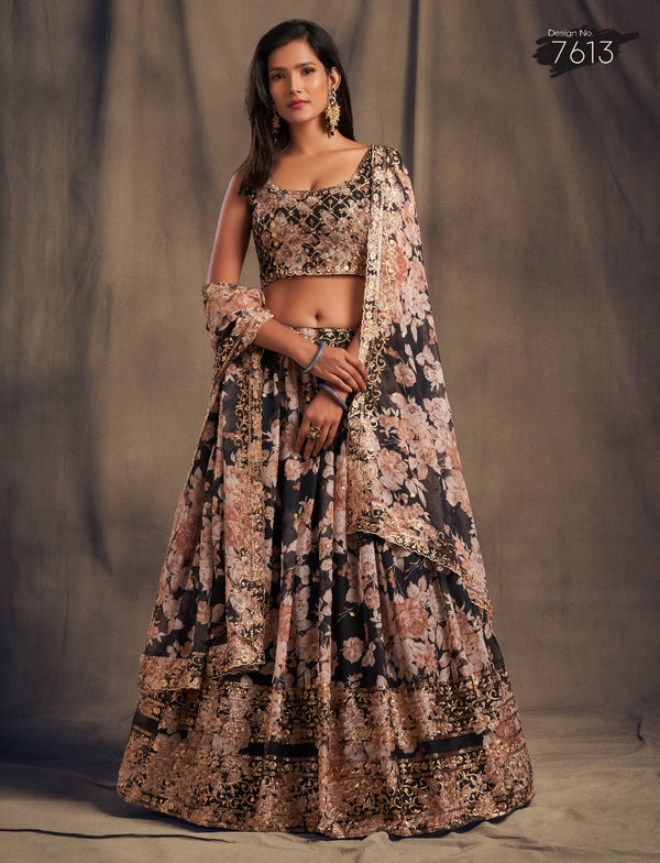 Stylish Black Floral Organza Lehenga