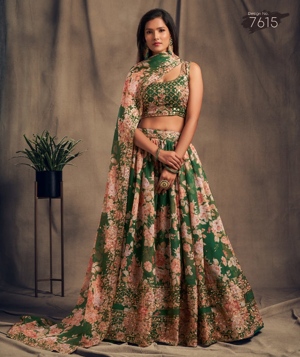 Stylish Green Floral Organza Lehenga