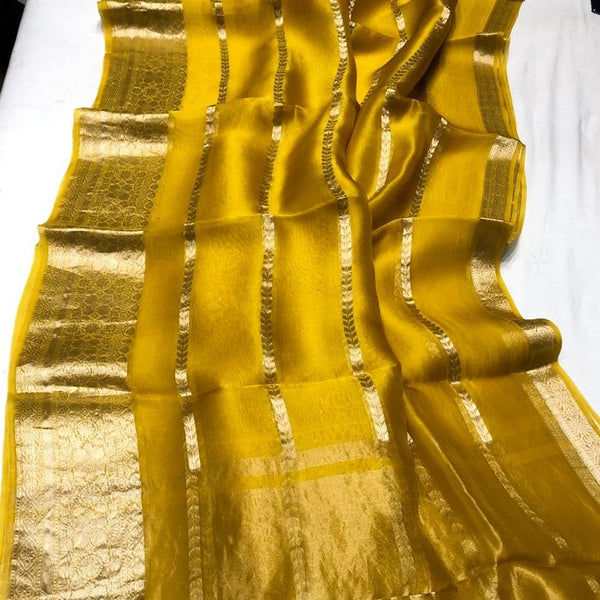 Banarasi Kora Silk Sari In Yellow