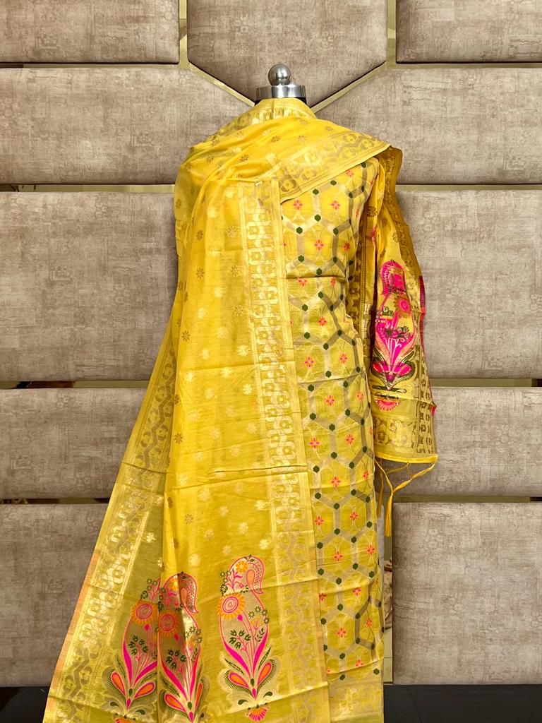Yellow Cotton Silk Jamdani Suit