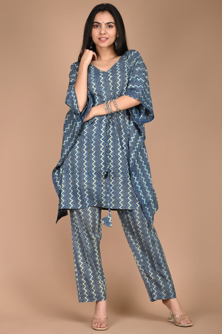 Blue Printed Cotton Kaftan Set