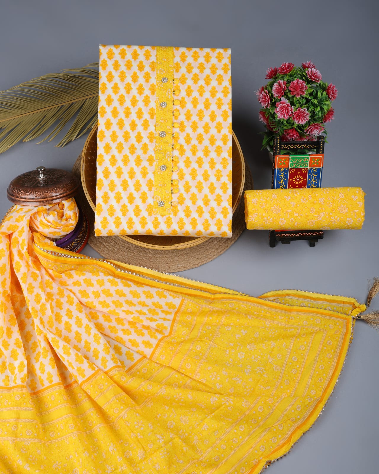 Yellow Unstitched Cotton Suit Set