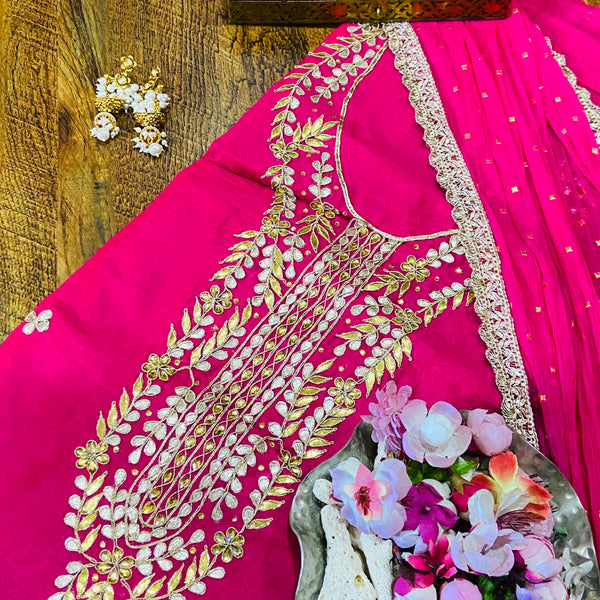 Hotpink Gota Patti Suit With Designer With Dupatta,Shop Bandhej Gota Patti Salwar Suit Online,Buy Bandhani Gota Patti Salwar Kameez At Best Rate