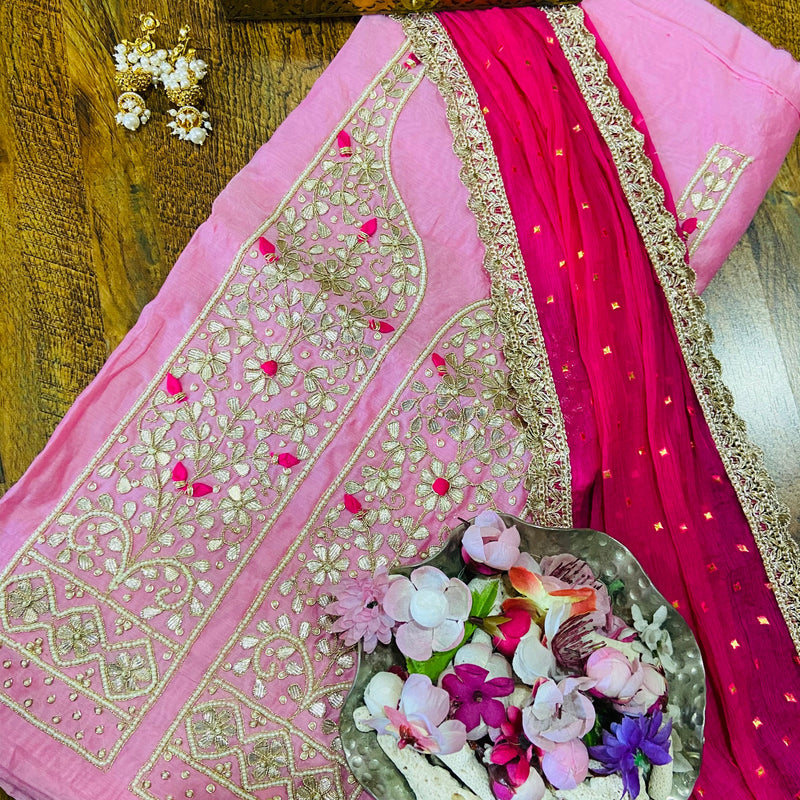 Pink Gota Patti Suit With Designer Matching Dupatta,Latest Bandhej Hand Gota Patti Suit Online,Shop Bandhani Gota Patti Suit Set At Best Rates