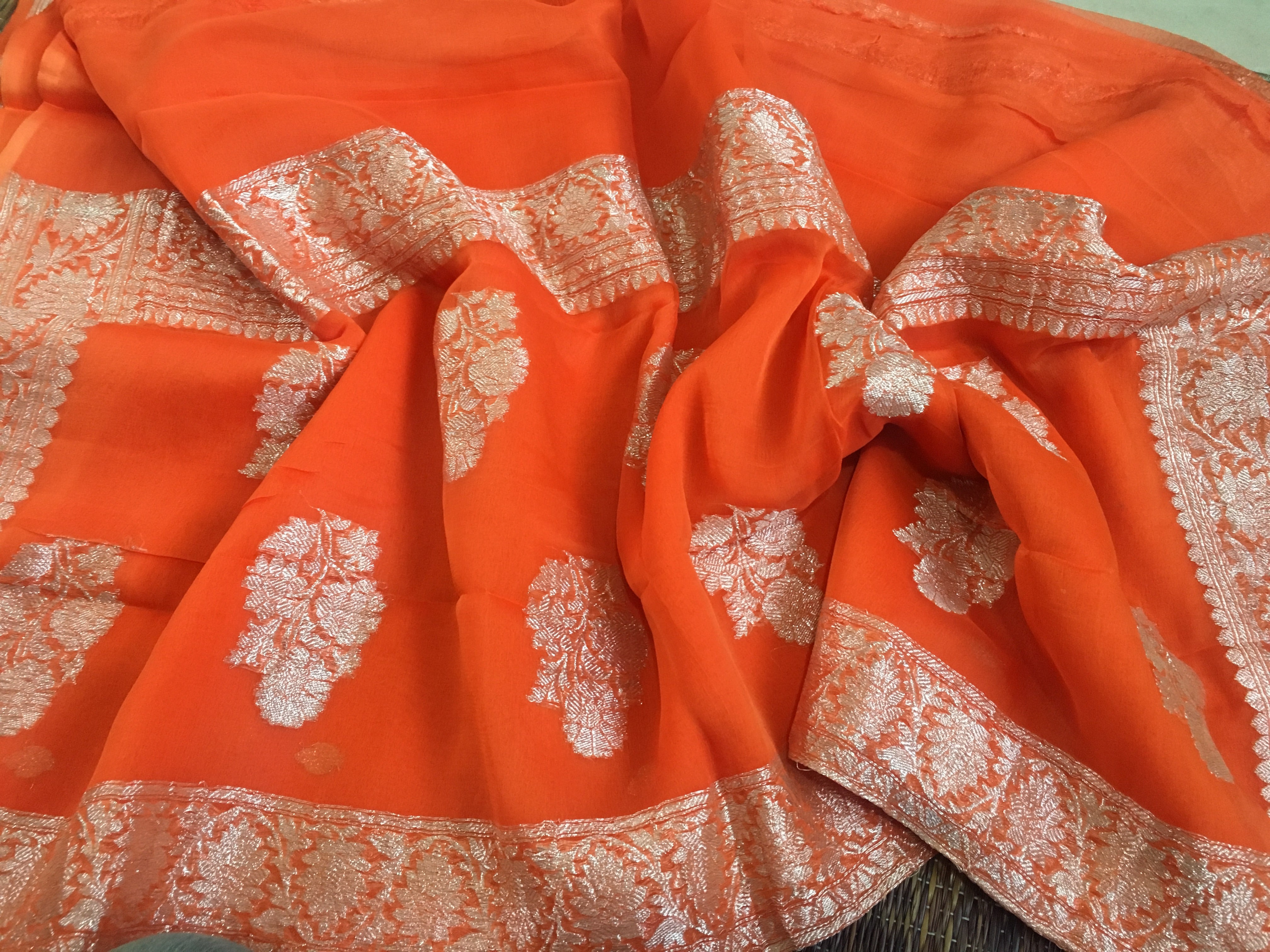 Saffron Orange Banarasi Khaddi Georgette Jaal Saree