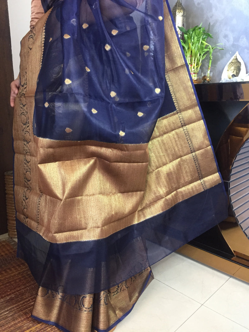Dark Blue Banarasi Semi Kora Organza Saree