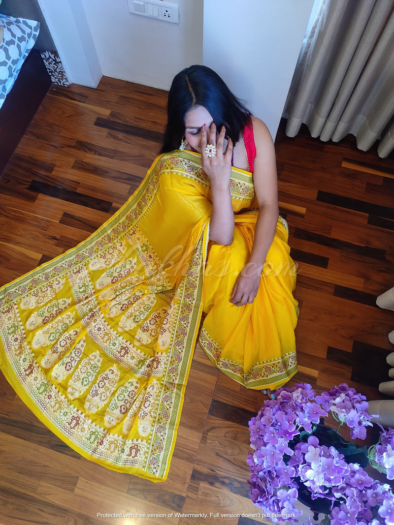 Yellow Banarasi Bandhej Bridal Saree