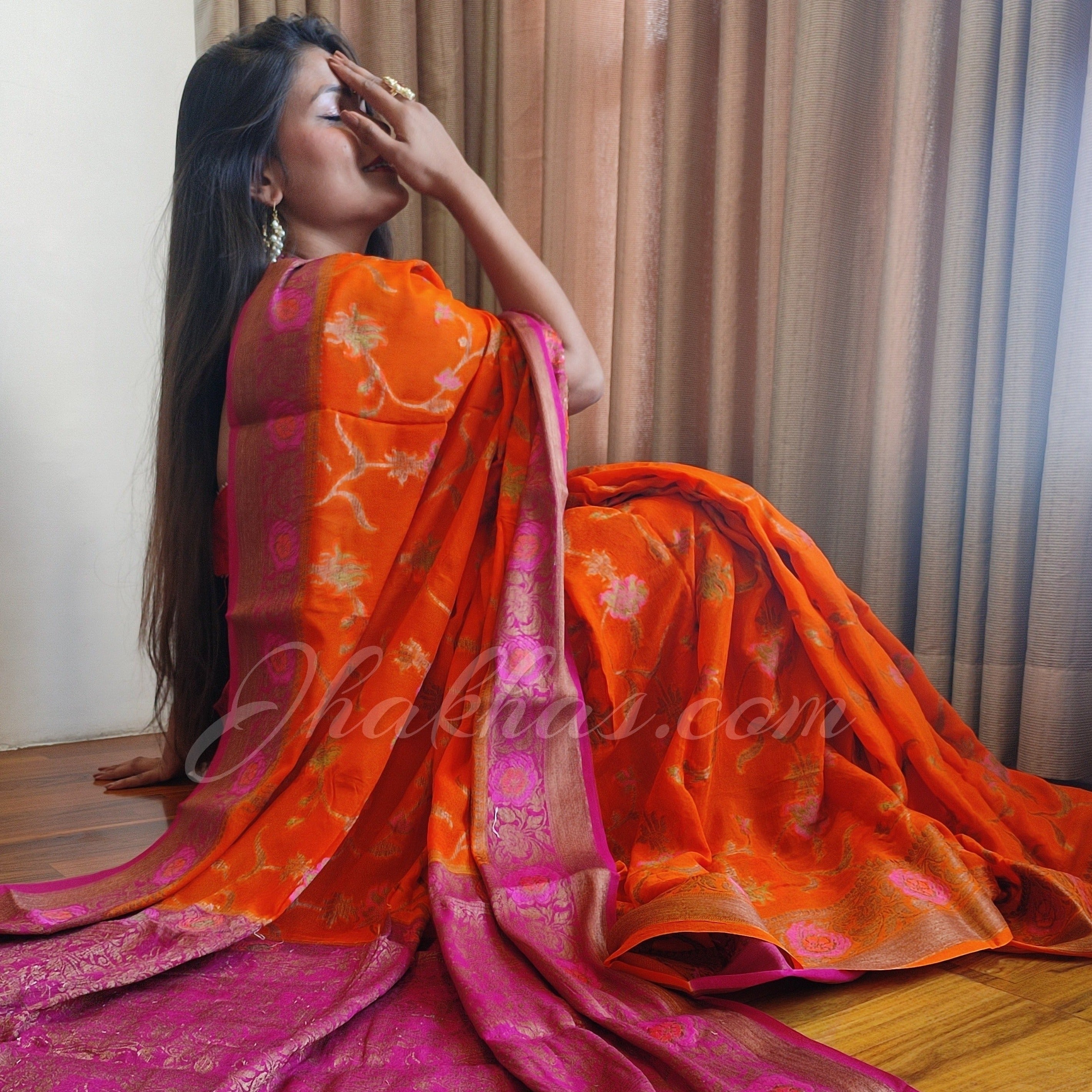 Orange and Pink Banarasi Bandhej Bridal Saree