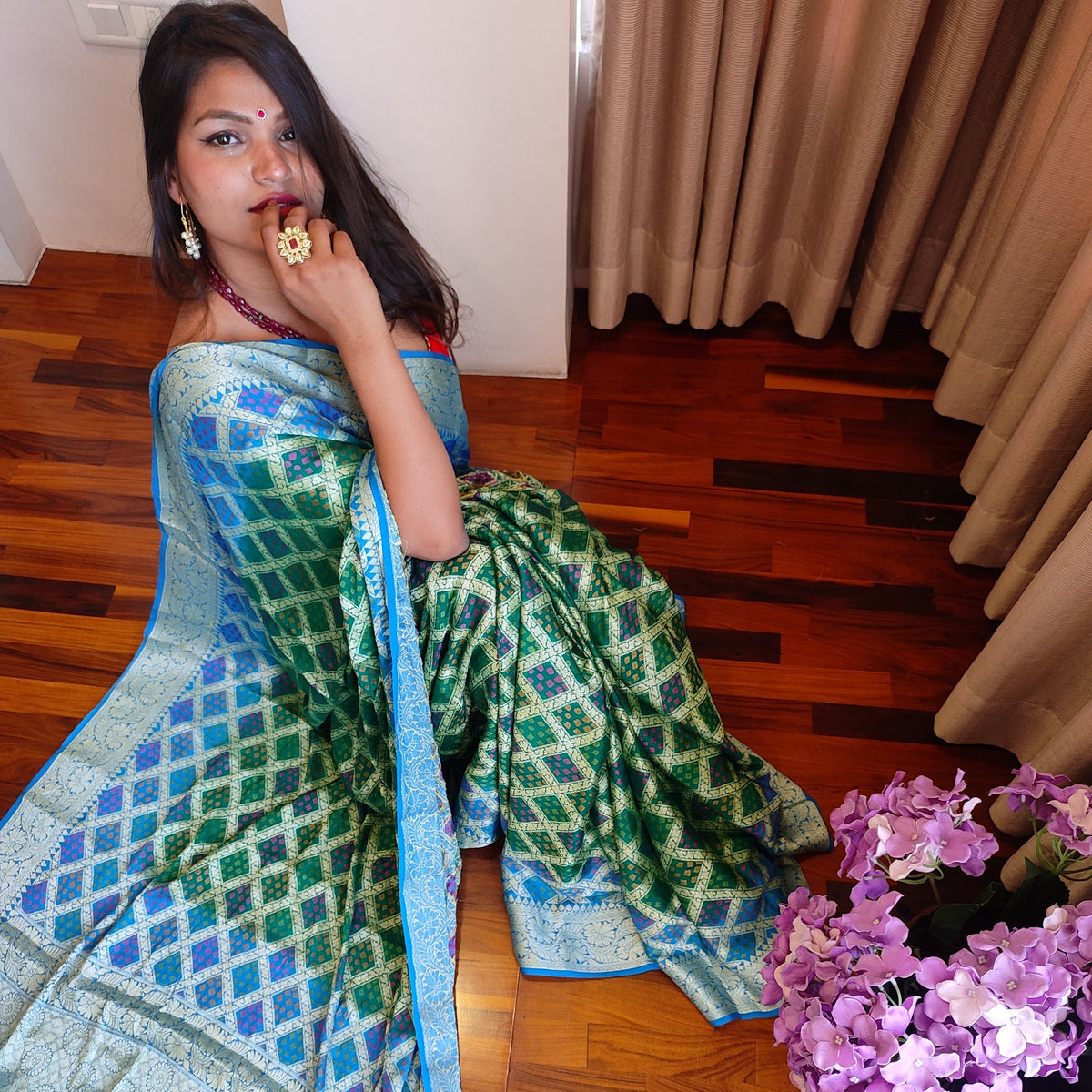 Barasinghe Blue Buy Blue and Green Banarsee Bandhej Bridal Saree Online.