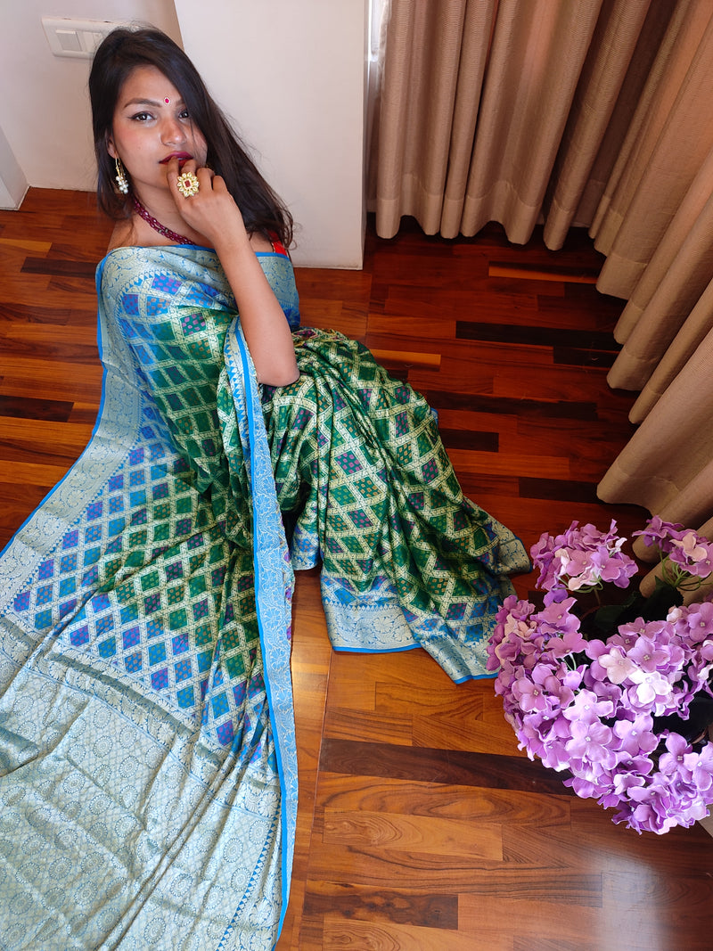 Blue and Green Banarasi Bandhej Bridal Saree