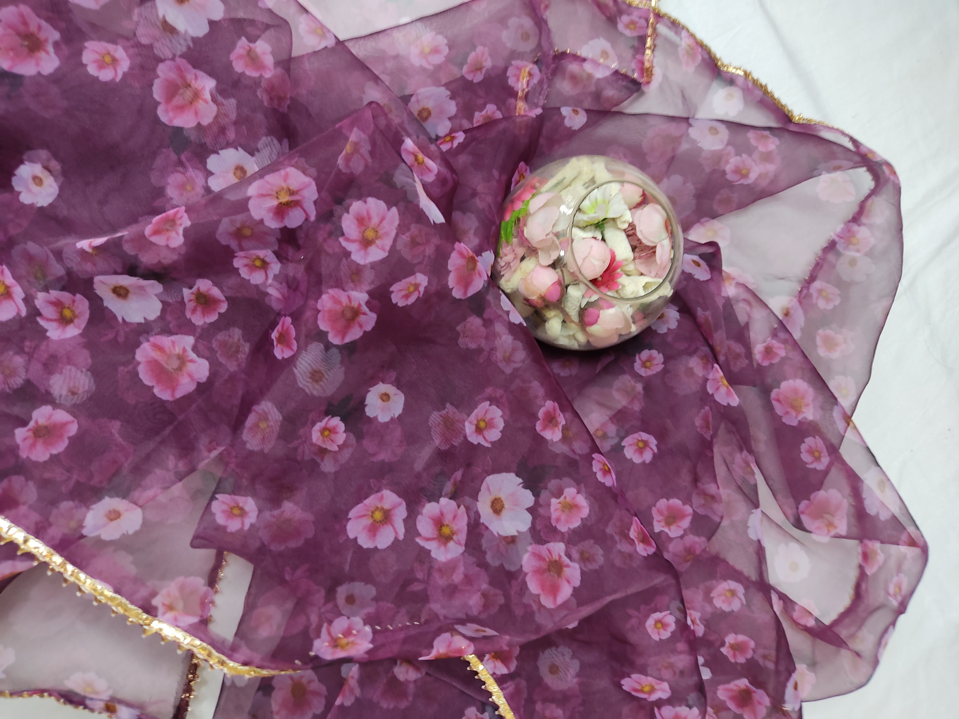 wine and pink floral organza dupatta