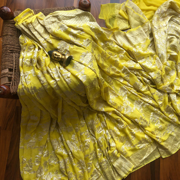 Yellow Banarasi Saree With Flower Jaal
