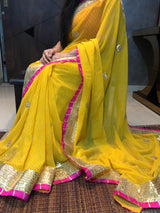 Yellow Gota Patti Work Saree,Grab Now,Multicolour Chiffon Saree,Steal Now,Mirror Work Saree