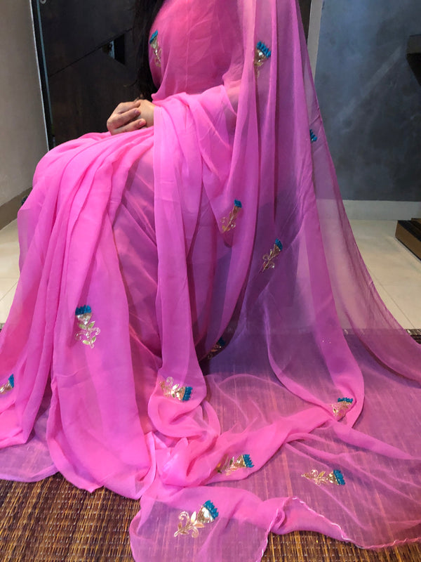 Pink Pure Chiffon Gota Patti Work Sari