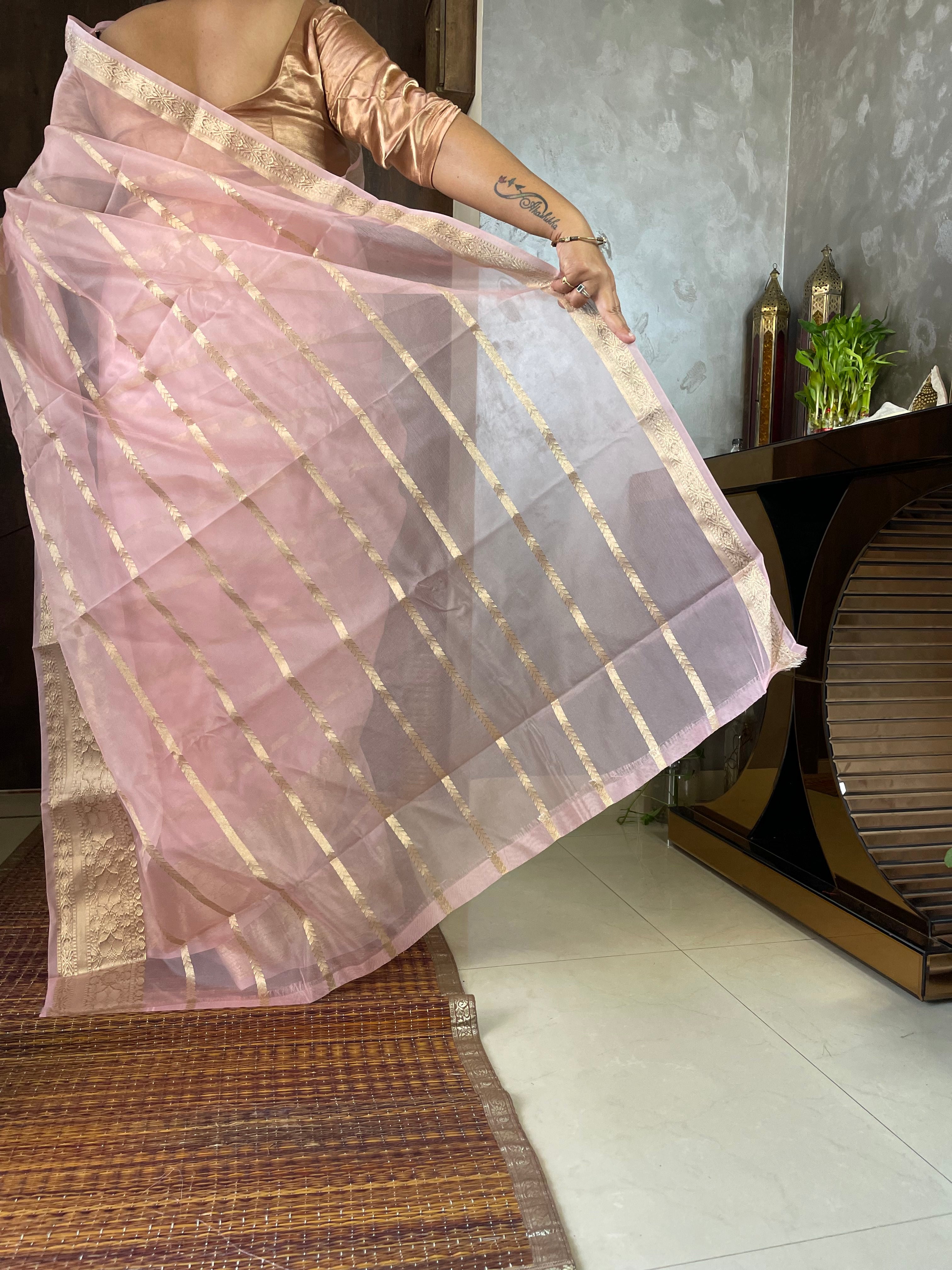 Pretty Peach Banarasi Kora Silk Elegant Saree