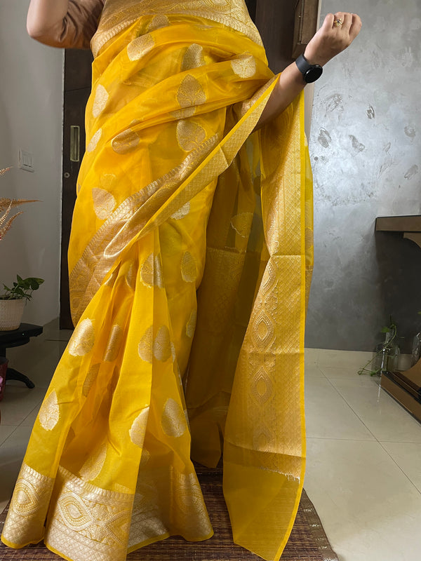 Yellow Banarasi Semi Kora Organza Saree