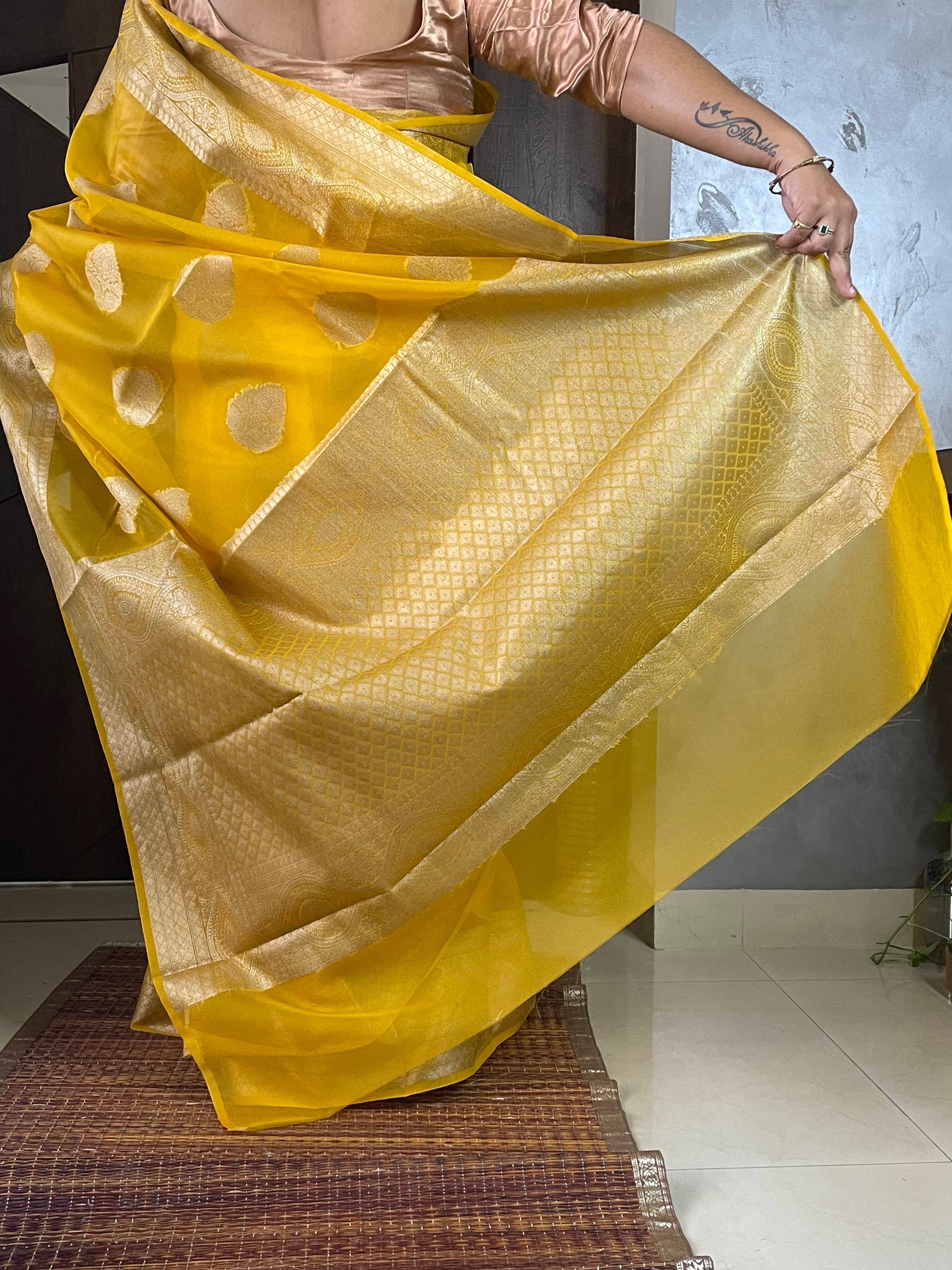 Mustard Yellow Banarasi Semi Kora Organza Wedding Saree