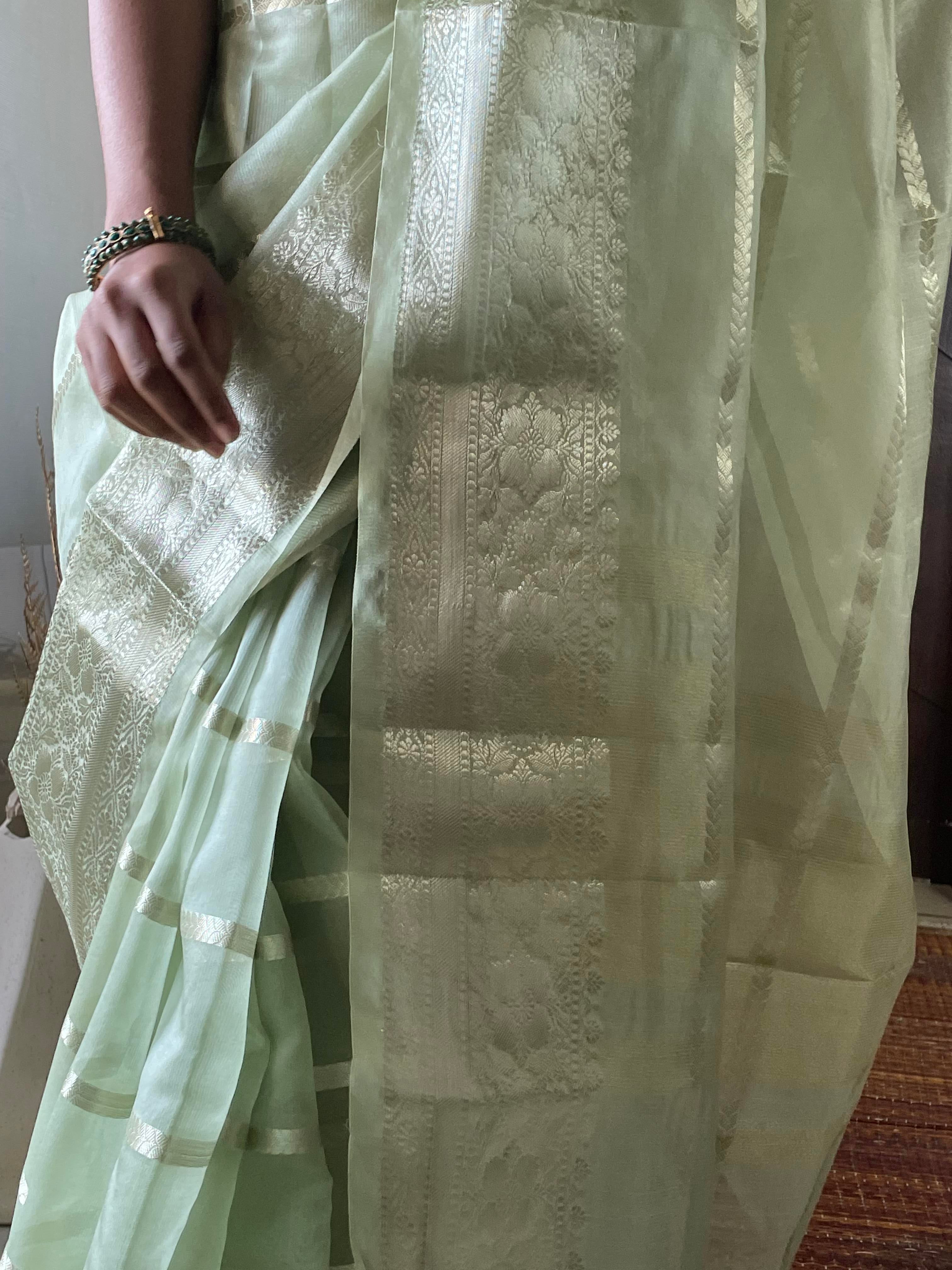 Banarasi Kora Silk Sari In Light Green