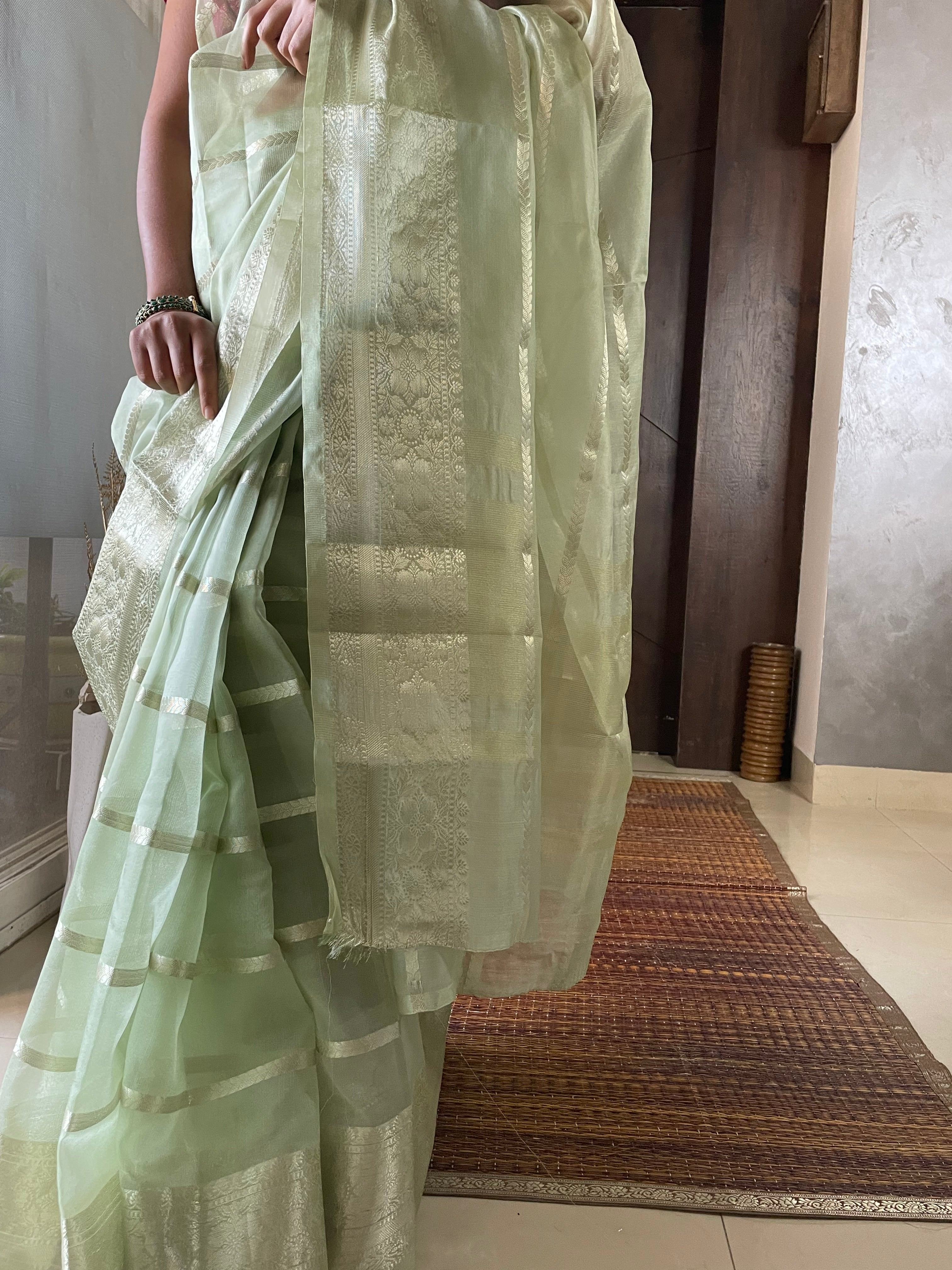 Banarasi Kora Silk Sari In Light Green