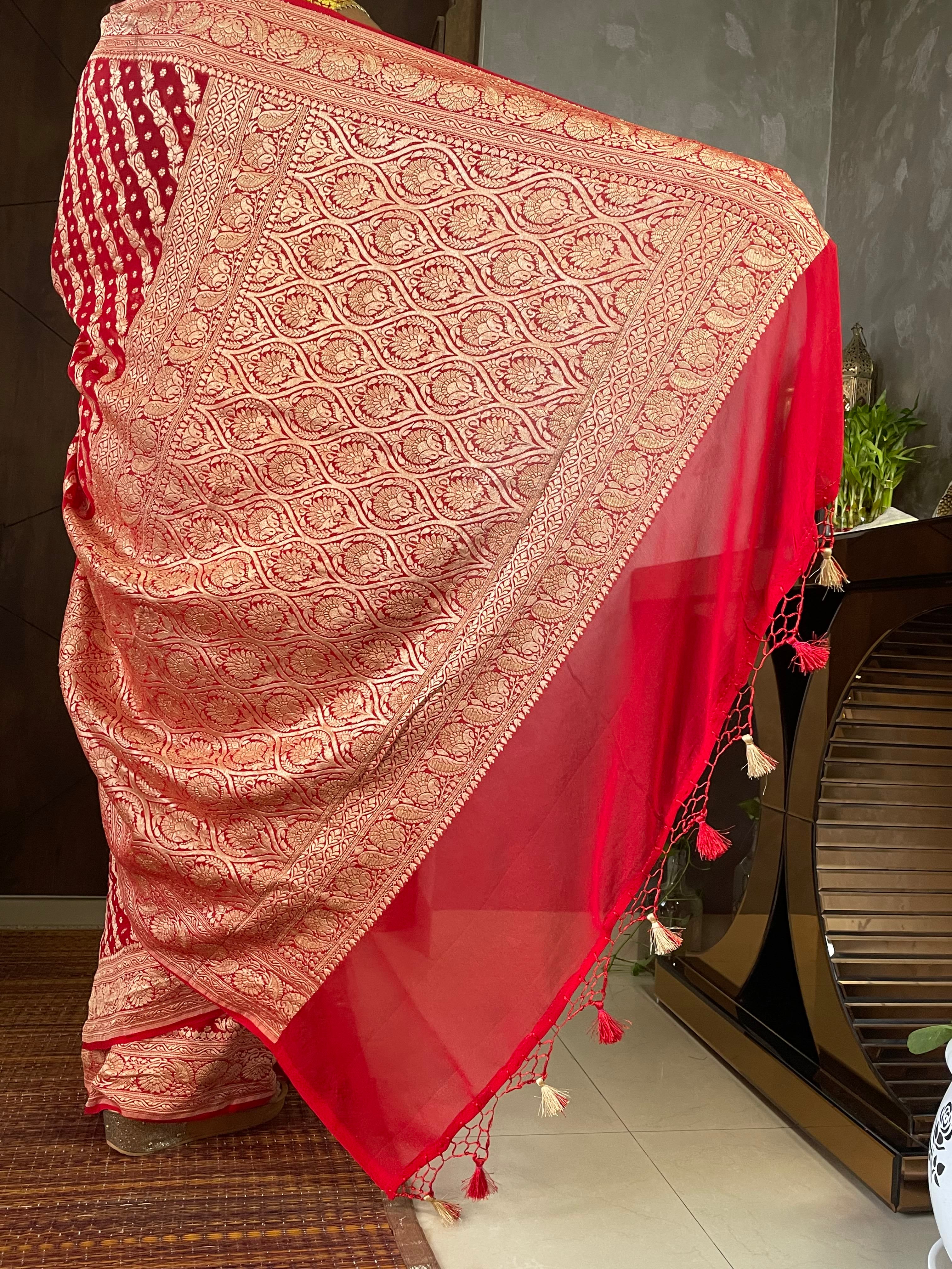 Cherry Red Banarasi Bandhani Soft Georgette Saree with Zari Weaving | TST |  The Silk Trend