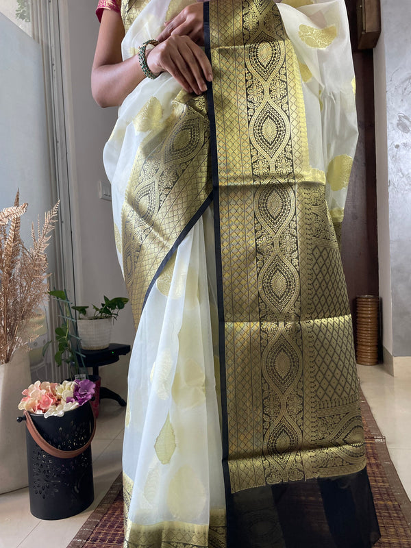 White Banarasi Semi Kora Organza Saree