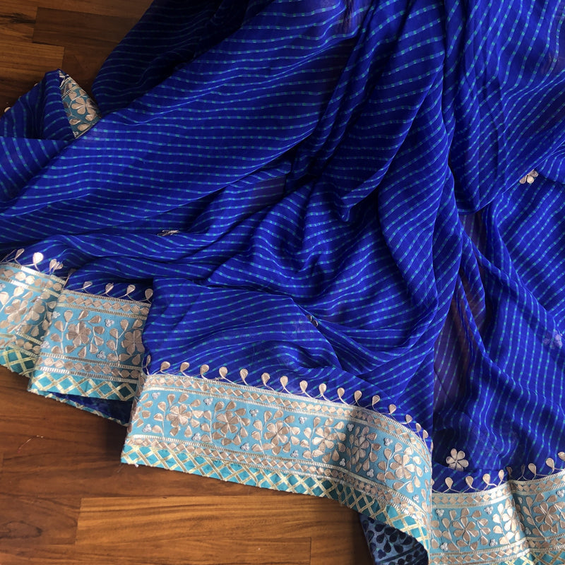 Gota Patti Saree In Blue Mothra,Have Now,Pure Chiffon Saree,Buy Now,Bandhani Saree