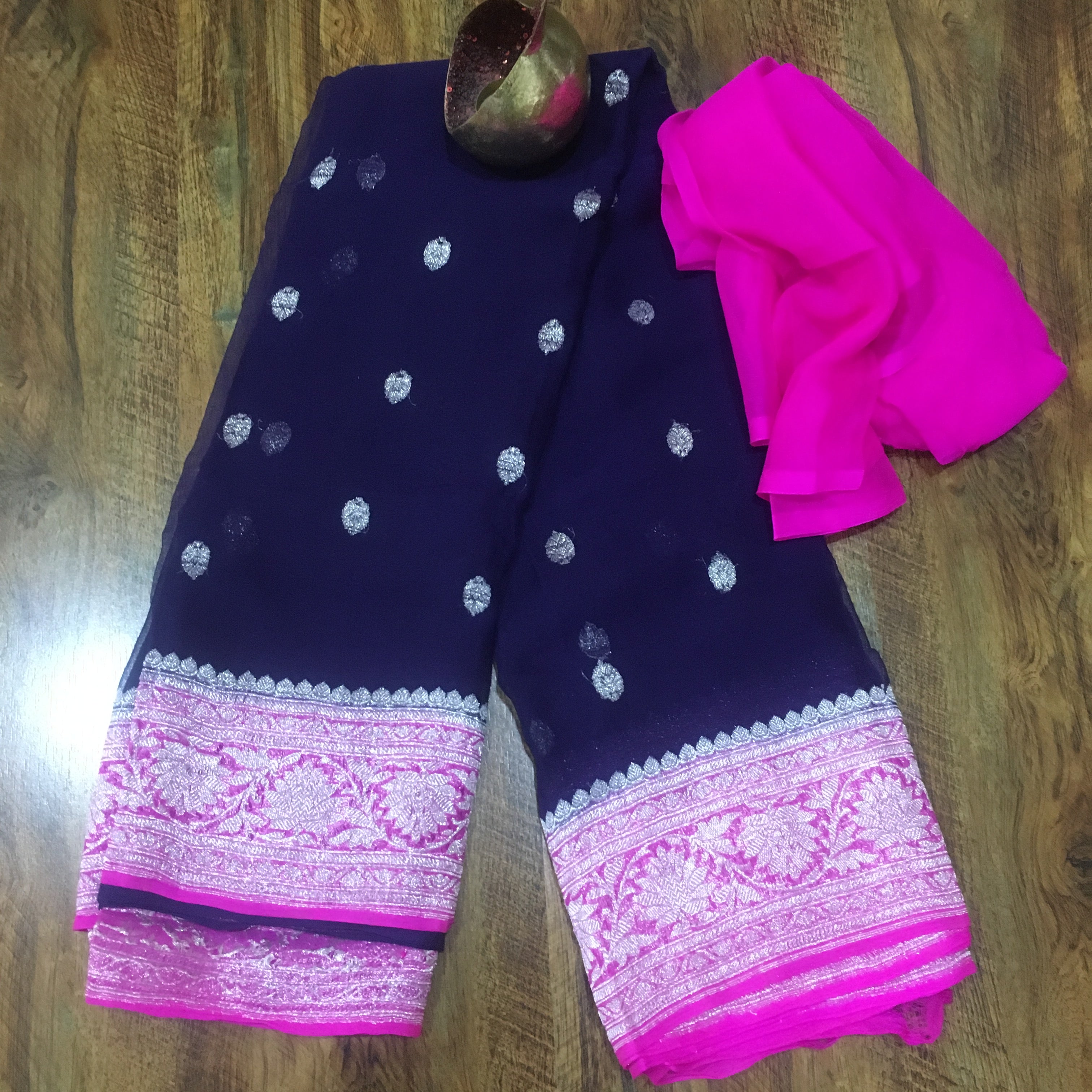 Blue Pink Khaddi Banarasi Chiffon Jaal Saree