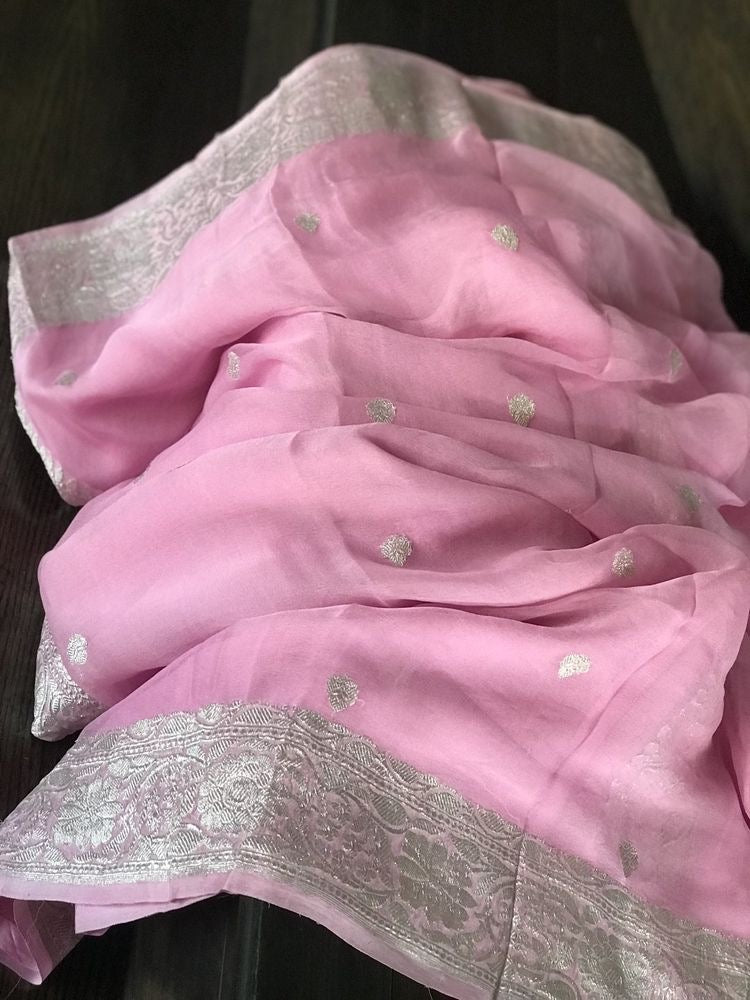 Baby Pink Banarasi Khaddi Georgette Buti Jaal Saree