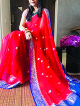 Blue & Red Khaddi Banarasi Chiffon Saree