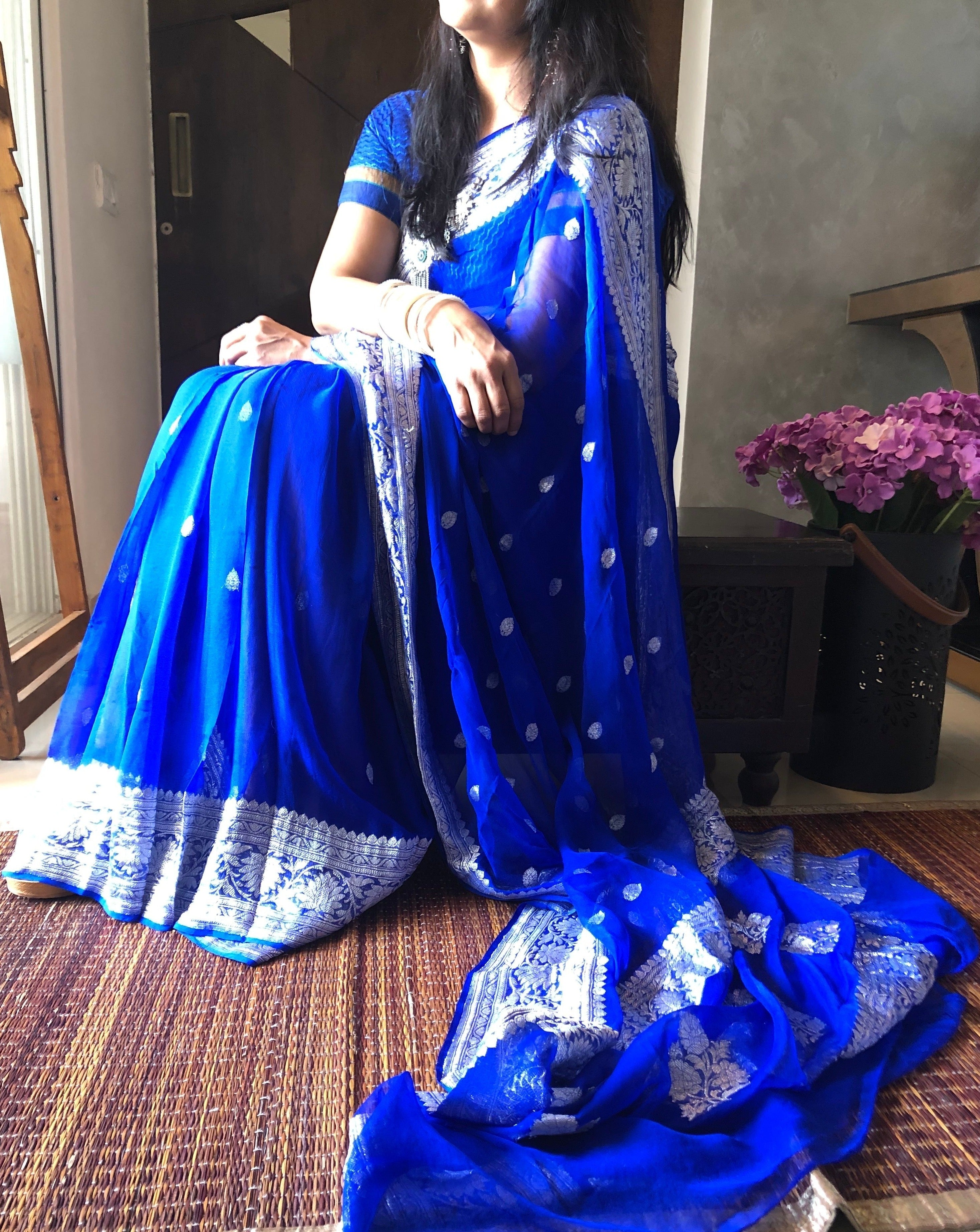 Pure Banarasi Silk Saree In Blue Color With Embroidery Work - Bridal  Banarasi Saree - Saree