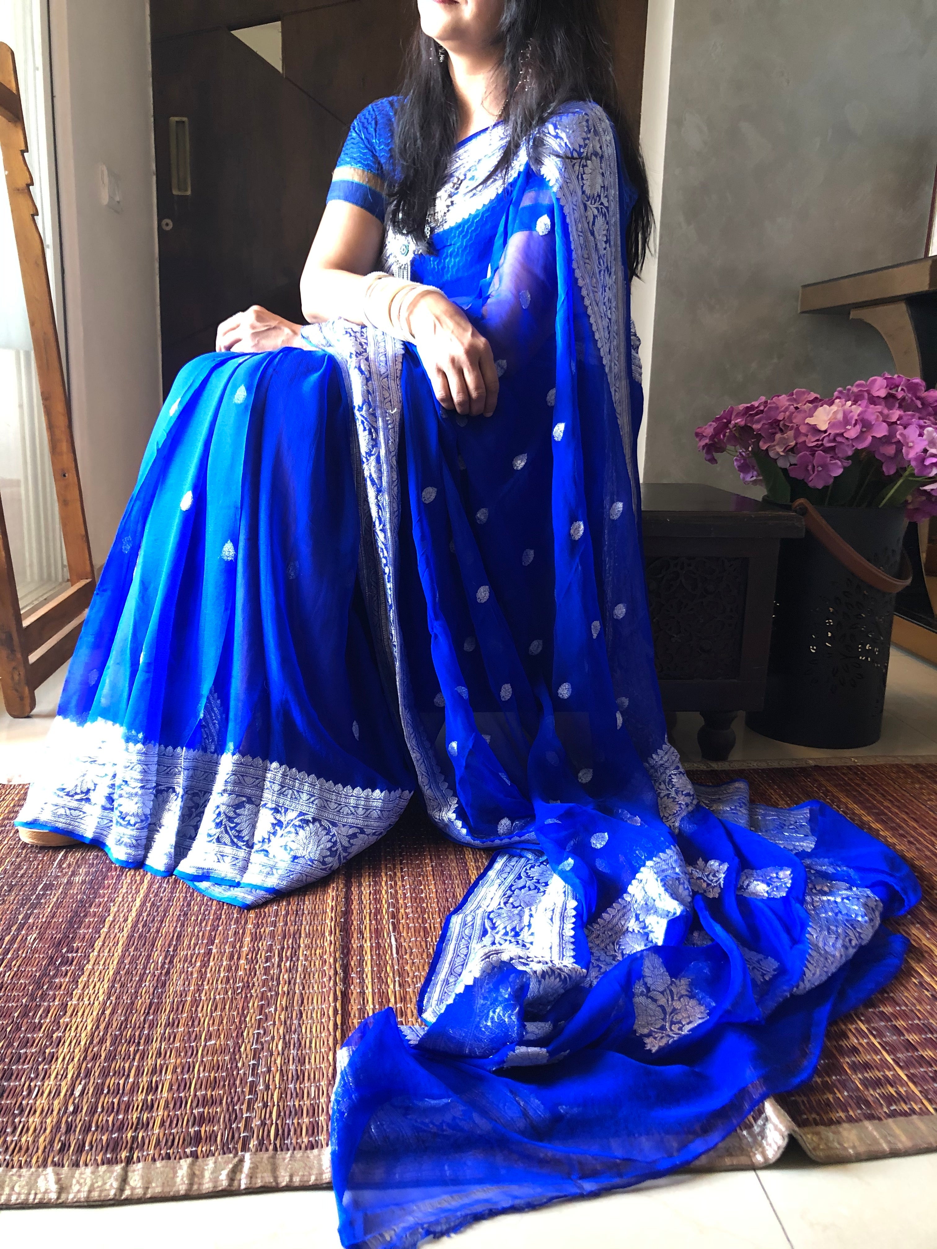 Royal Blue Banarasi Jaal Khaddi Chiffon Saree