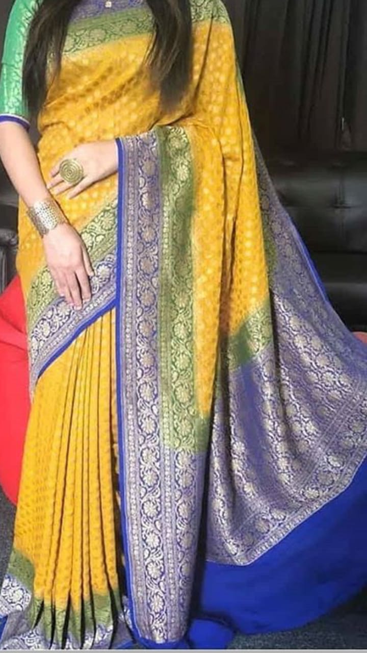 Khaddi Banarasi Georgette Saree In Yellow and Blue