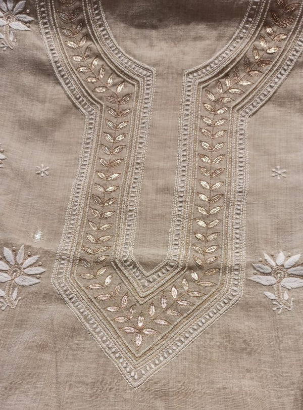 Beige Embroidery Kota Tissue Chanderi Suit
