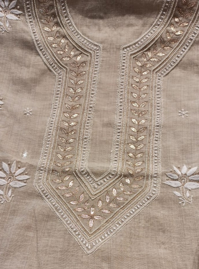 Beige Embroidery Kota Tissue Chanderi Suit