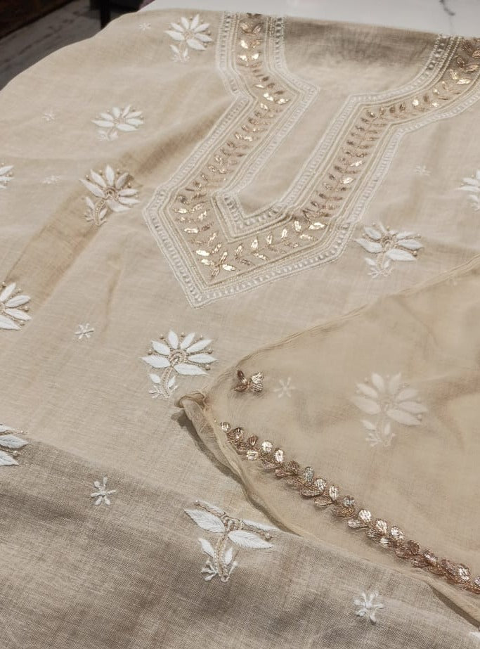 Beige Embroidery Kota Tissue Chanderi Suit
