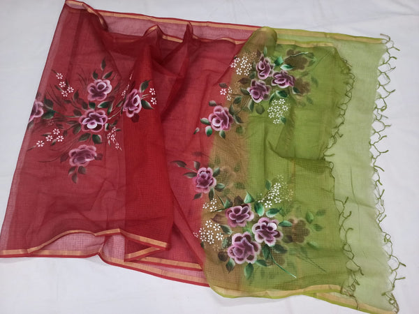 Kota Doria Dupatta In Red,Hand Bandhej Dupatta Online,Pure Handmade Dupatta Online