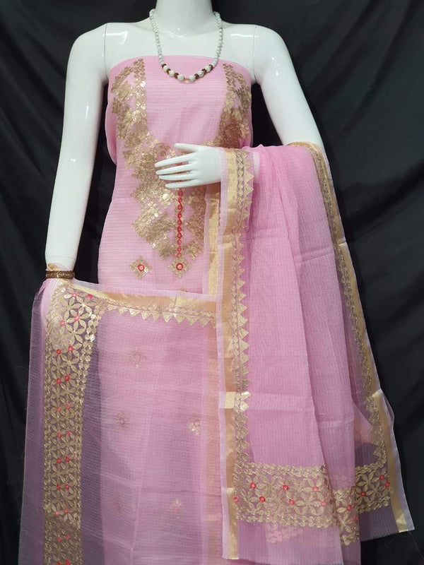 Kota Doria Embroidered Suit In Light Pink,kota doria suits online shopping