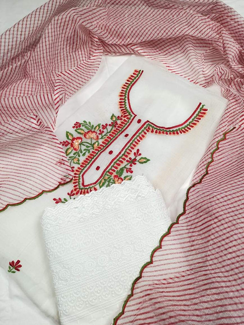 Kota Doria Embroidered Suit Set In White And Red,kota doria suits in jaipur