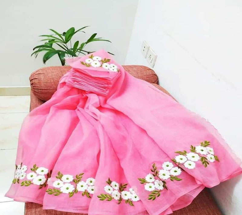 Shop  Kota Doria Embroidery Work Saree In Pink, Kota Doria Sarees